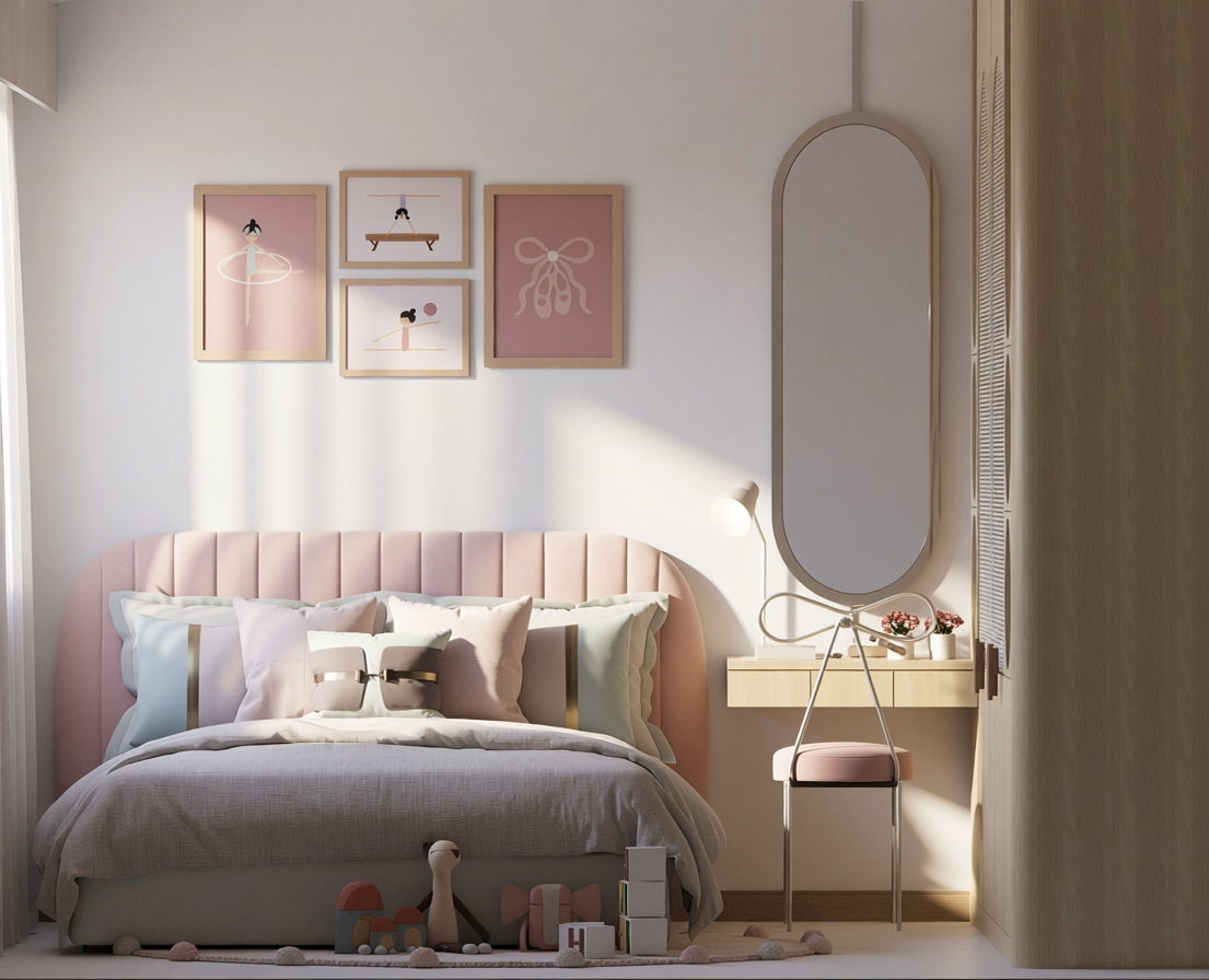 Quarto com cabeceira rosada, luz natural e penteadeira com espelho